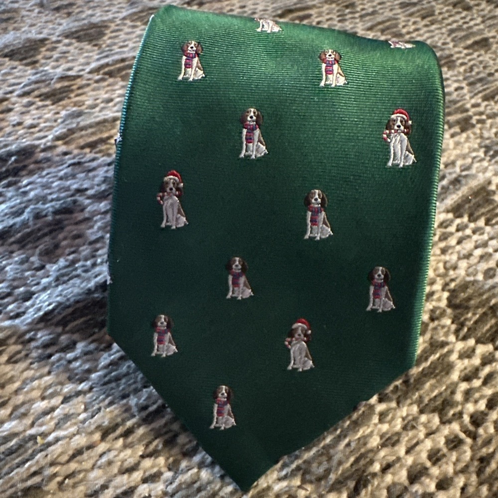 CHAPS Green Christmas Dog Theme Tie -100% SILK, 56" Candy Cane Santa Hat NEW
